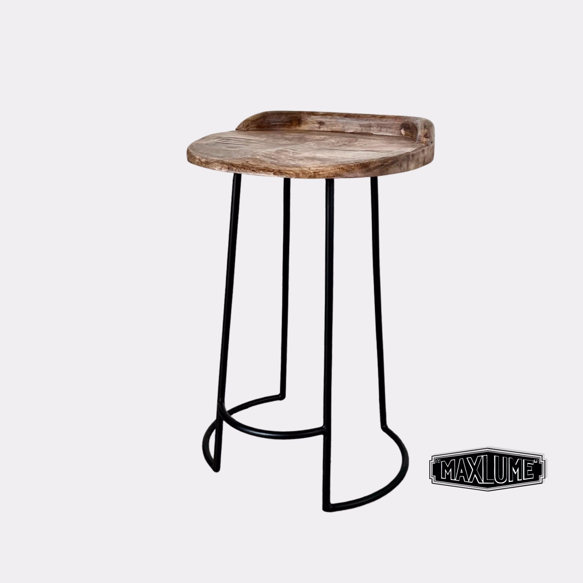 Solid Mango Short Wooden Top Bar Stool | Vintage Style Floor Standing Kitchen Black Cat Iron Metal Industrial Tractor Seat
