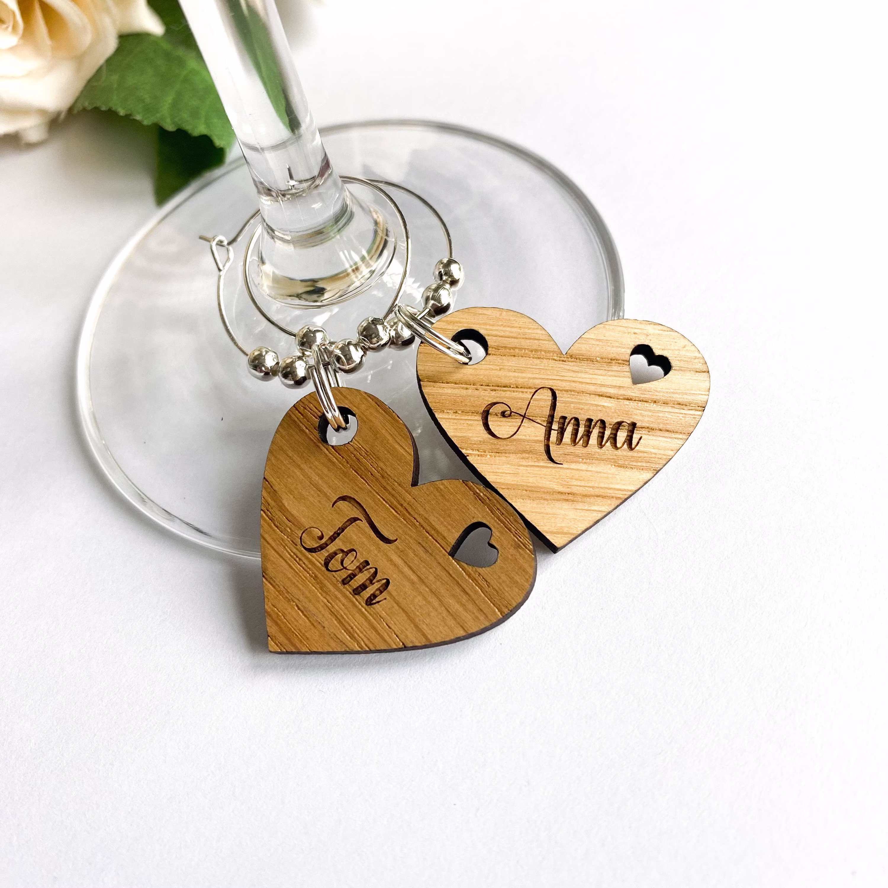 Oak Drink Charms, Wedding Favours, Personalised Wooden Glass Charm, Place Name Setting, Gin Clubs, Hen Party, Baby Shower