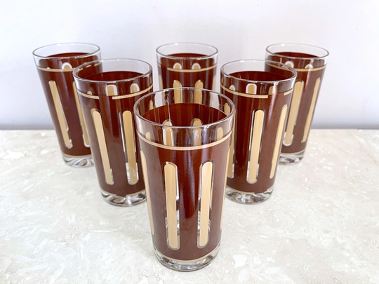 Vintage Brown & Tan Screen-Printed Tumblers | Set Of Six Cocktail Glasses
