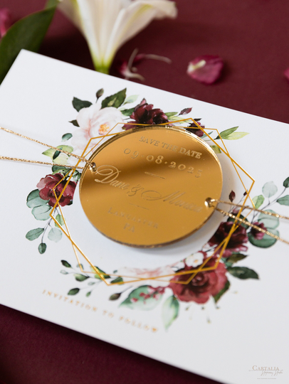 Circle Round Red Boho Magnet Save The Date Luxury Mirror Plexi Acrylic , Save The Date Cards, Wedding Invite, Real Gold Foil & Envelope