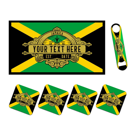 Personalised Jamaica Flag Bar Runner Mat, Matching Bottle Opener & 4 X Coaster Beer Mats Set For Home Bars Man Cave Football Fans