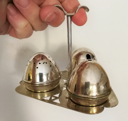 Antique Cruet Set Silver Plated Epsn Tray Caddy Salt Pepper & Hinged Mustard Pot With Cobalt Bristol Blue Glass Liners