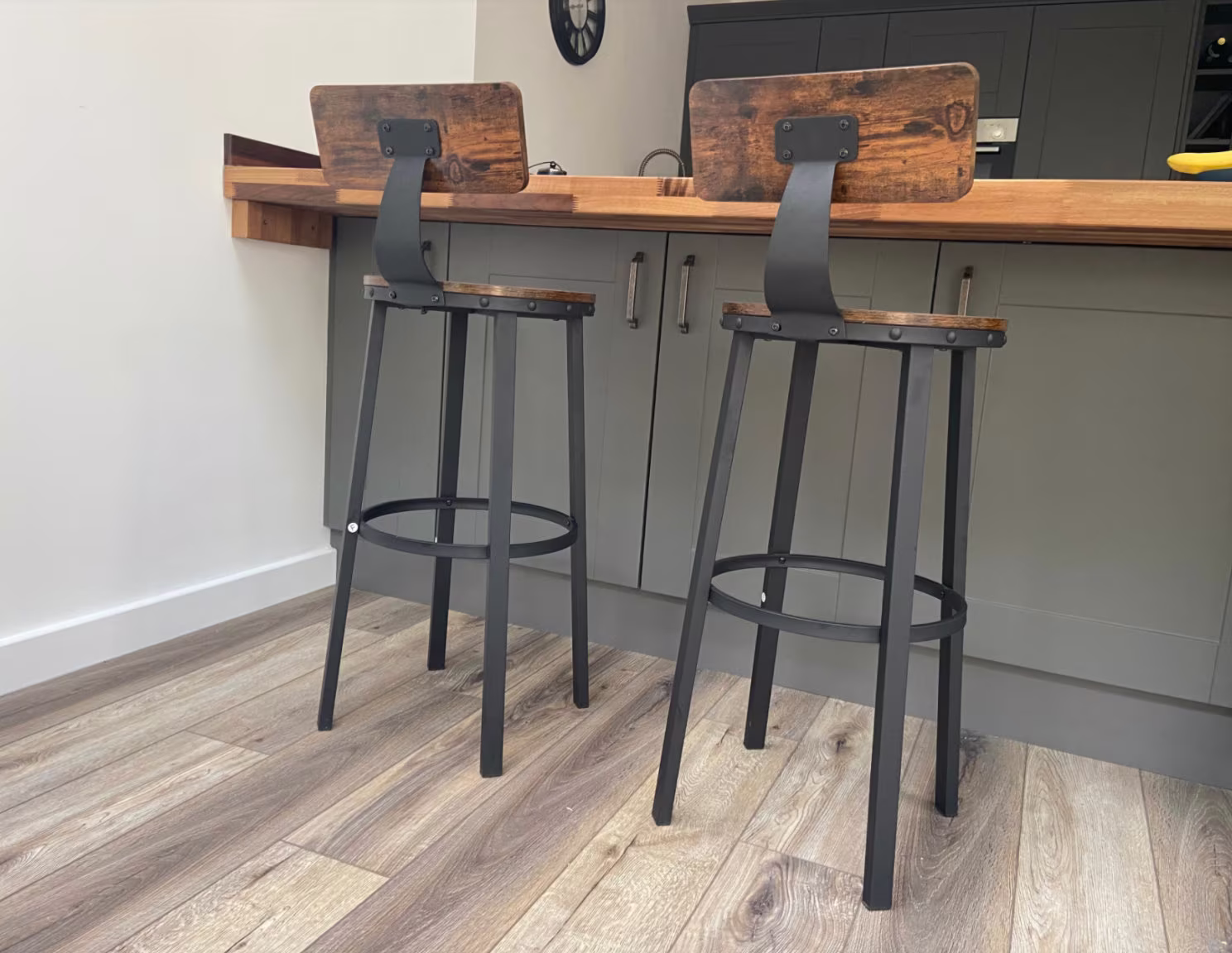 Industrial Bar Stools Backrest Set Of 2 Rustic Chairs Steel Frame Metal Dining Seat High Breakfast Vintage Kitchen Retro Cafe