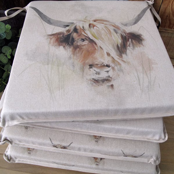 Highland Cow Reversible Square Seat Pads, Chair Pad, Luxury Printed Square Kitchen Chair Cushion. 2 Designs in One Seat Pad. Sets Of 4, 6, 8