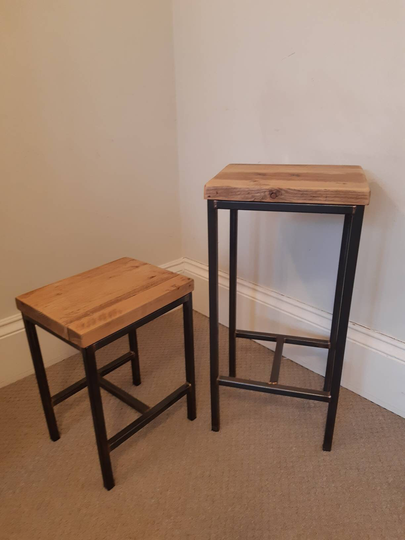 Industrial Style Steel Bar/Kitchen Stool Handmade Custom Sizes Available Reclaimed Solid Wood Top With Bronze Welding