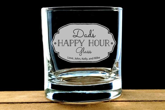 Dad's Happy Hour Glass, Personalized Father's Day Whiskey Engraved Rocks Gift For Dad