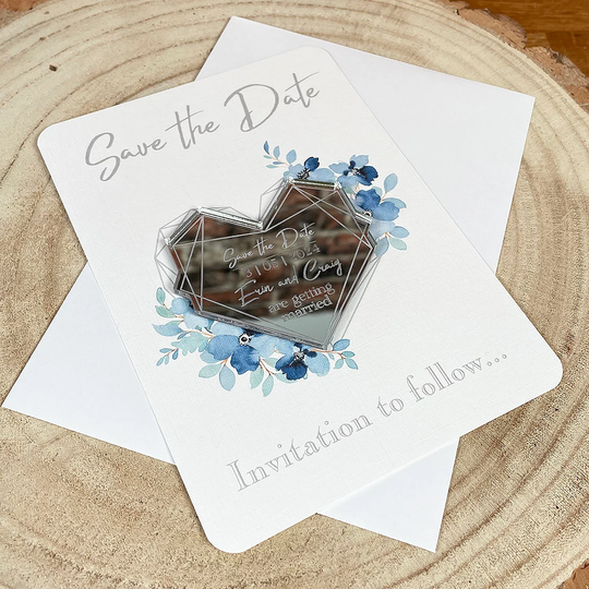 Silver & Blue Diamond Heart Mirror Frame Save The Date Magnets