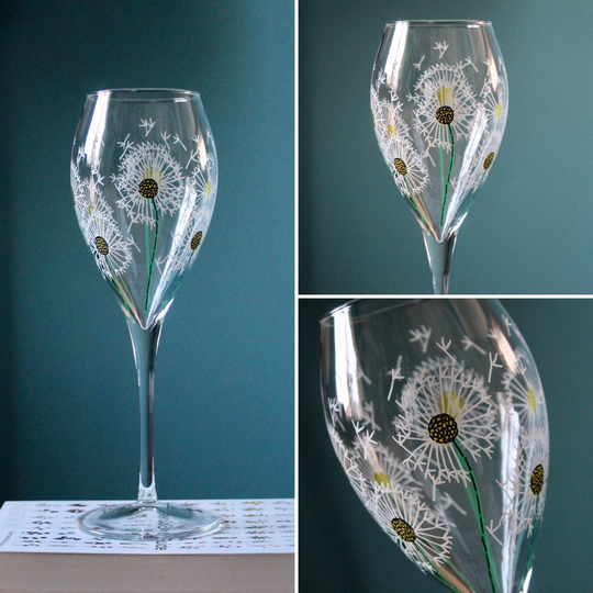 Dandelion Personalised Wine Glass, Hand Painted, Flower Design, Gift For Her, Birthday