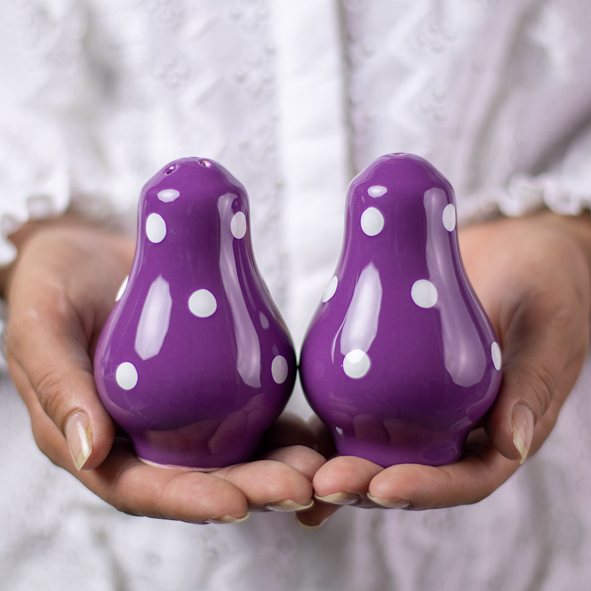 Salt & Pepper Shakers, Ceramic Cruet Set, Handmade Pottery, Purple White Polka Dot Pots, Country Cottage Style, Housewarming Gift