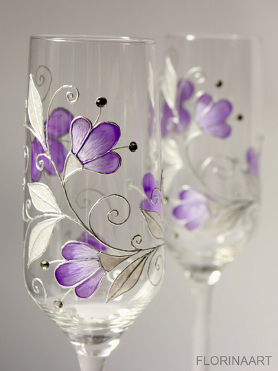 Purple Wedding Glasses, Wine Champagne Flutes, Anniversary Gift, Flutes