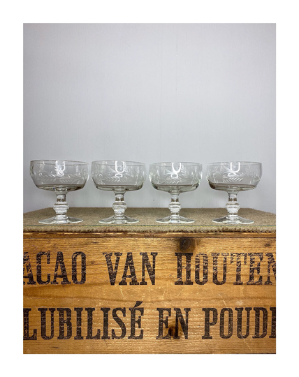 Beautiful Set Of Vintage Etched Champagne/ Cocktail Glasses