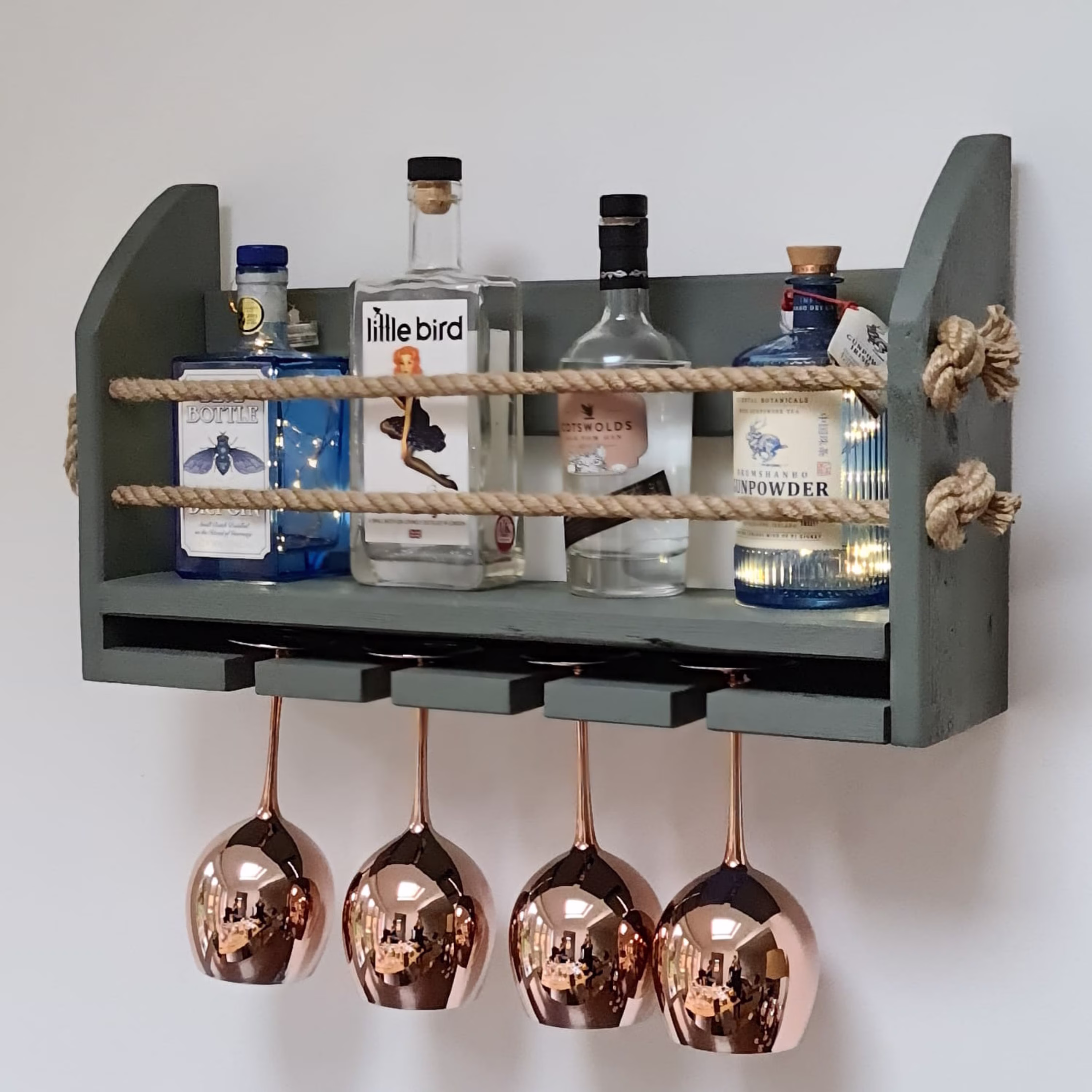 Gin Wall Bar Painted Grey. Mounted Spirits Bar With Slots To Hold Balloon Glasses. Handmade in Rustic Wood. Complete Fixings