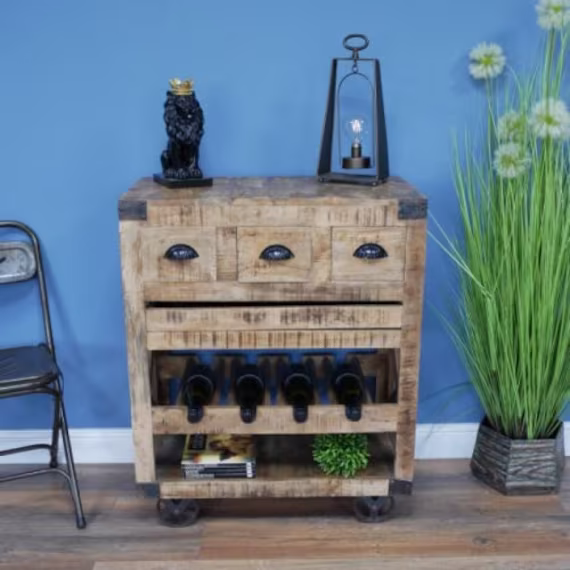 Iron & Mango Wood Industrial Wine Cabinet/ Kitchen Storage, Home Stylish Practical Draws, Style Home, Rustic