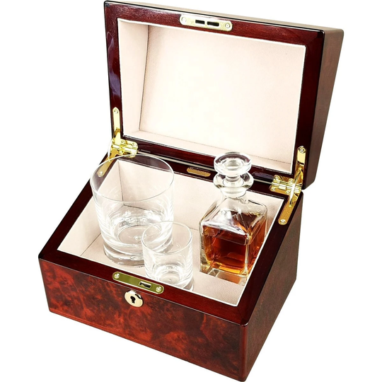 Hillwood Mini Decanter , Crystal Whisky Tumbler & Shot Glass Set in A Luxury Makah Burlwood Box. | D604Vm