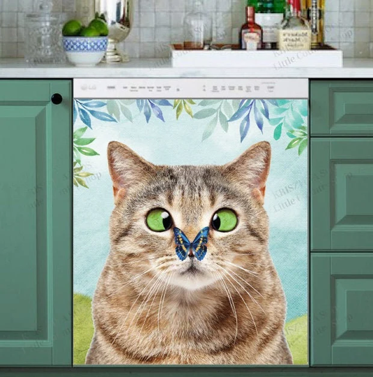 Kitchen Dishwasher Magnet Cover - Cute Cat & A Butterfly