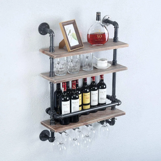 Industrial Pipe Shelf Wine Rack Wall Mounted With 5 Stem Glass Holder,24In Real Wood Shelves Kitchen Wall Shelf Unit,3-Tiers Rustic Floating Bar Shelv