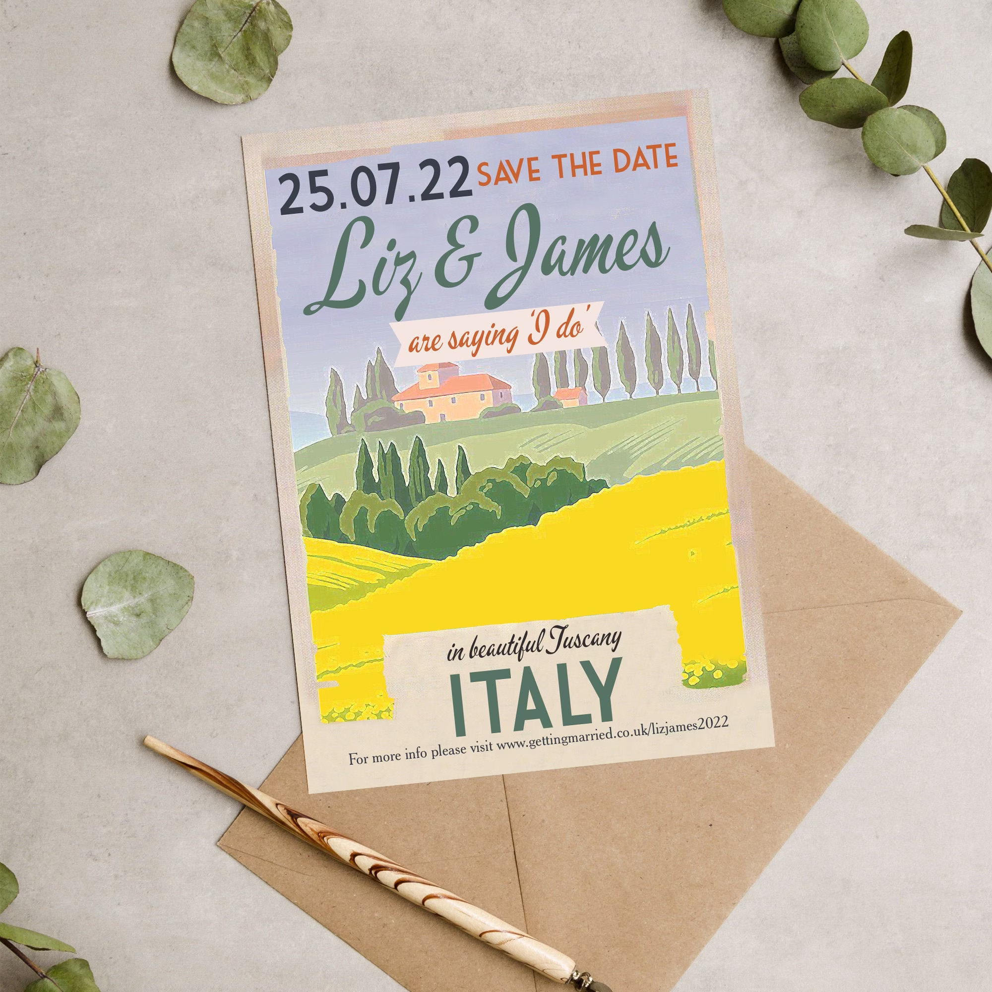 Italian Countryside Yellow Fields Vintage Destination Postcard Wedding Save The Date Cards & Envelopes