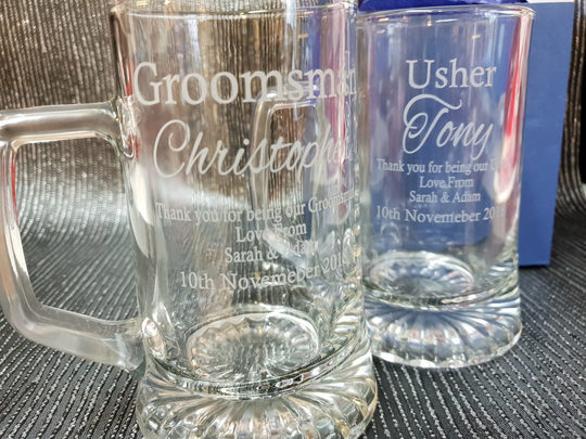 Engraved Large Stern Tankard, 0.51 Litre. Best Laser Engraving Available No Glass Splinters. Grooms Party All Text Can Be Customised
