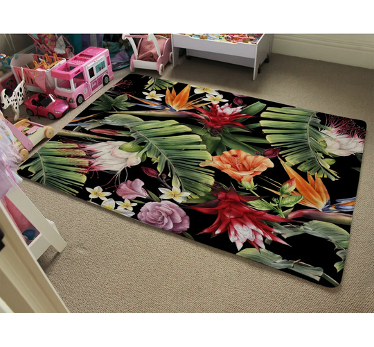 Harrison Tropical Flowers and Plant Leaves Designer Shaggy Black/Green/Orange Rug