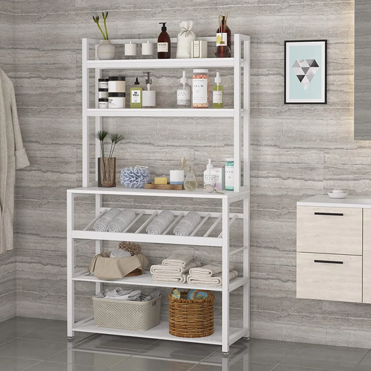 6-Tier Kitchen BakerS Rack With Storage And Wine Rack, Industrial Microwave Cart Kitchen Stand With Hutch, 6 Hooks, Free Standing Kitchen Utility Stor