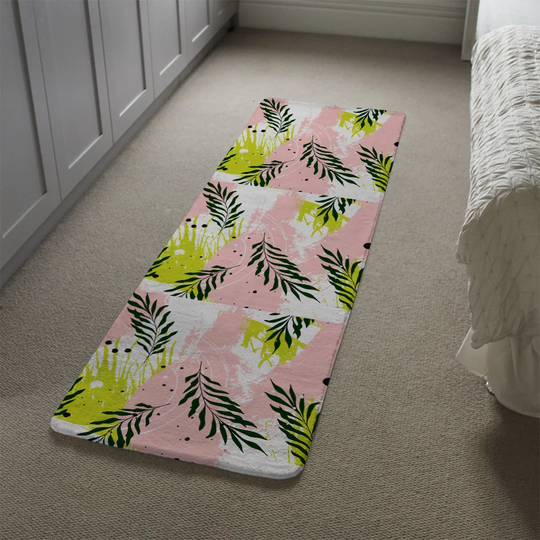 Labonte Leaves on Brush Strokes Designer Shaggy Pink/Green/Black Rug