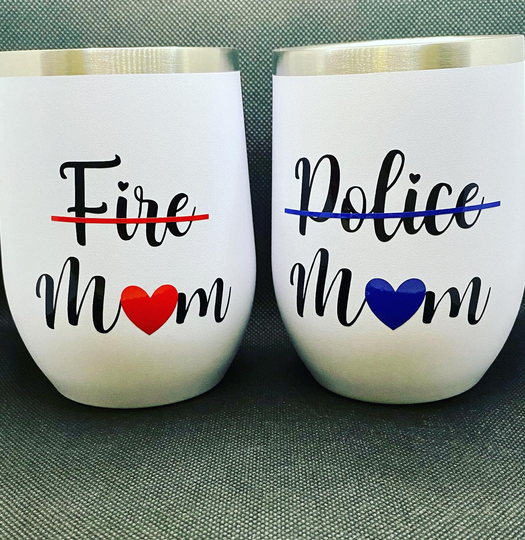 Police Mom Thin Blue Line/Fire Red Insulated Wine Tumbler Personalized