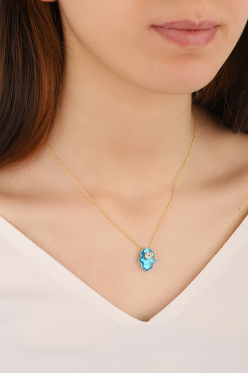 Fatima Hand Silver Necklace With Blue Opal Stone - Hamsa
