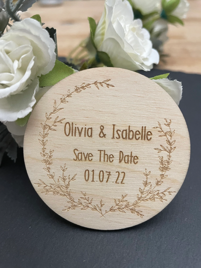 Save The Date, Wooden, Wedding, Invitation, Personalised, Fridge Magnet, Wedding Rustic, Circle, Engraved