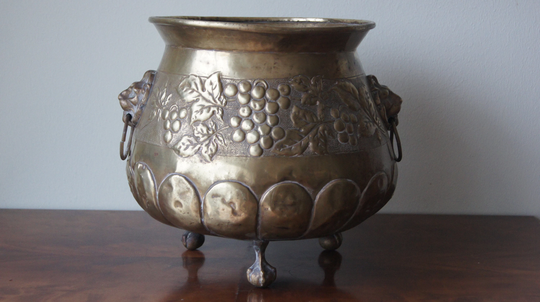 Antique Brass Embossed Planter With Handles Wine Cooler Signed