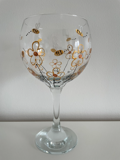 Bee Gin Glass With Flowers Hand Painted & Designed By Luci Lu Designs