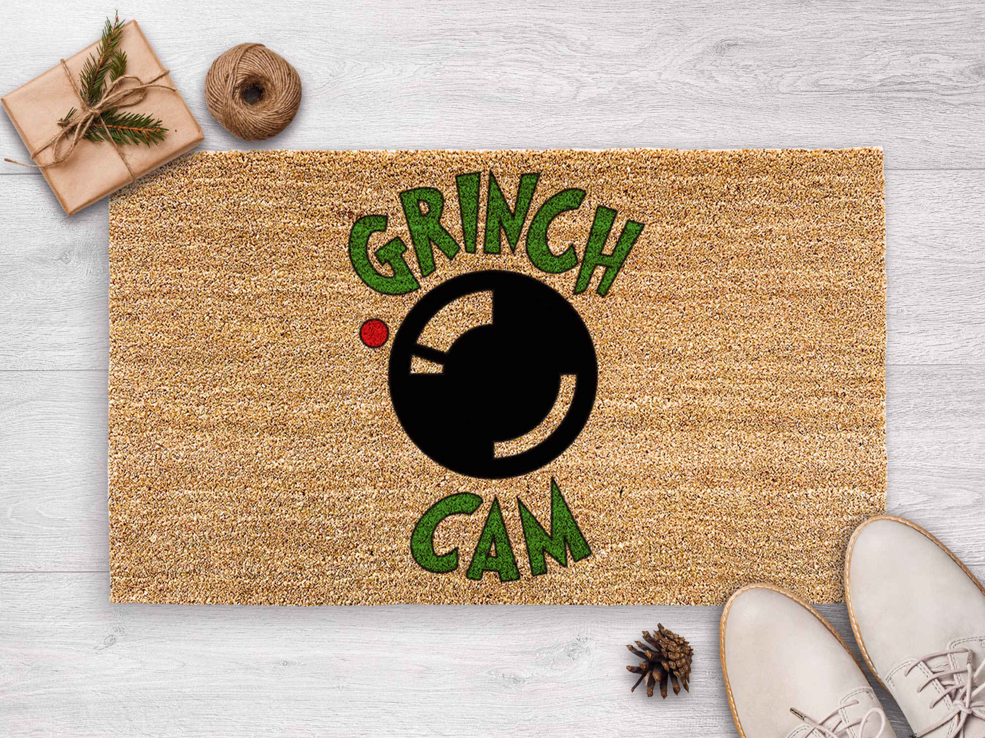 Grinch Cam - He's Watching Doormat Christmas Funny Housewarming Decor Decorations Holiday Rug