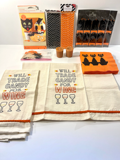 Vintage Halloween Lot Of 161 Pieces, Includes Candy Corn Tea Towels, Party Invitations, Gift Tags, Cat Napkins, Polk Dot Straws + Toothpicks