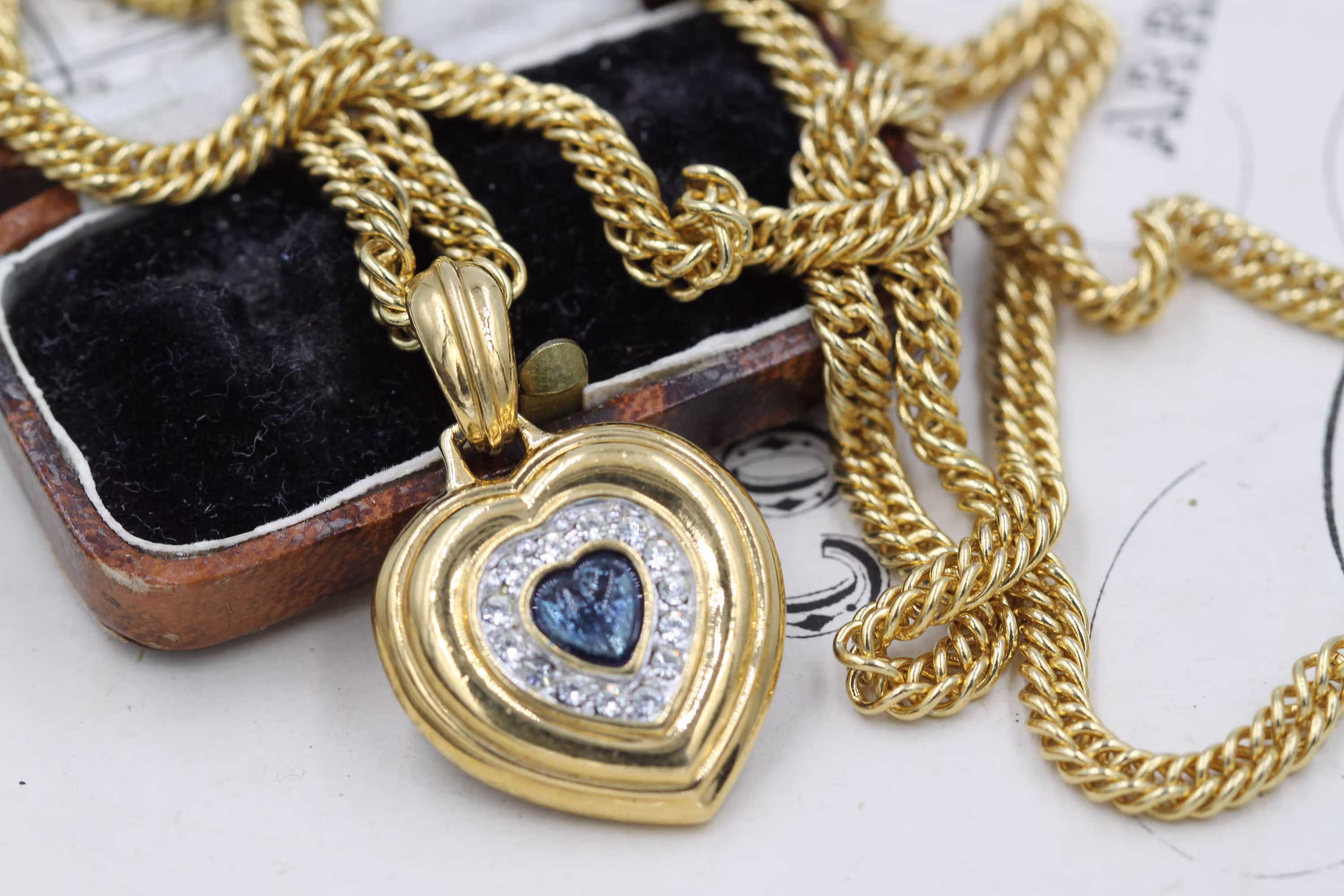 80S Long Blue Crystal Heart Pendant Necklace, 30 Inch Curb Chain Gold Layer Layering Necklace
