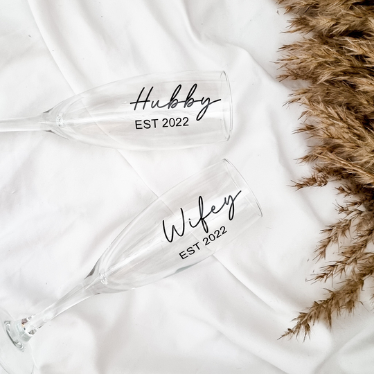 Custom Wifey Hubby Champagne Flute - Matching His & Hers Gift Mr Mrs Glasses Wedding Glass Set