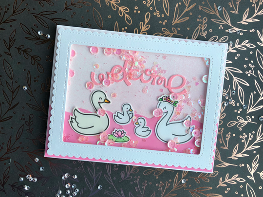 Handmade Interactive Cards - Pink Swans Baby Shaker Card