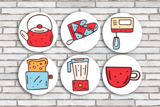 Set Of 6 Kitchen Fridge Magnets, Pinback Buttons Or Scrapbook Flatbacks 1.25