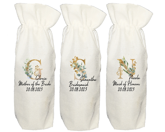 Personalised Wine Bottle Bag Eucalyptus Herbal Monogram Bridesmaid Gift Maid Of Honour Wedding