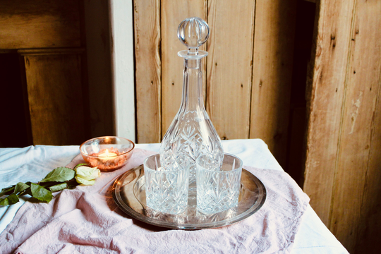 Vintage Spirits Set Leaded Crystal Decanter & Pair Of Glasses. Luxury Cut-Glass. Port Albert Crystal. Cocktail Barware
