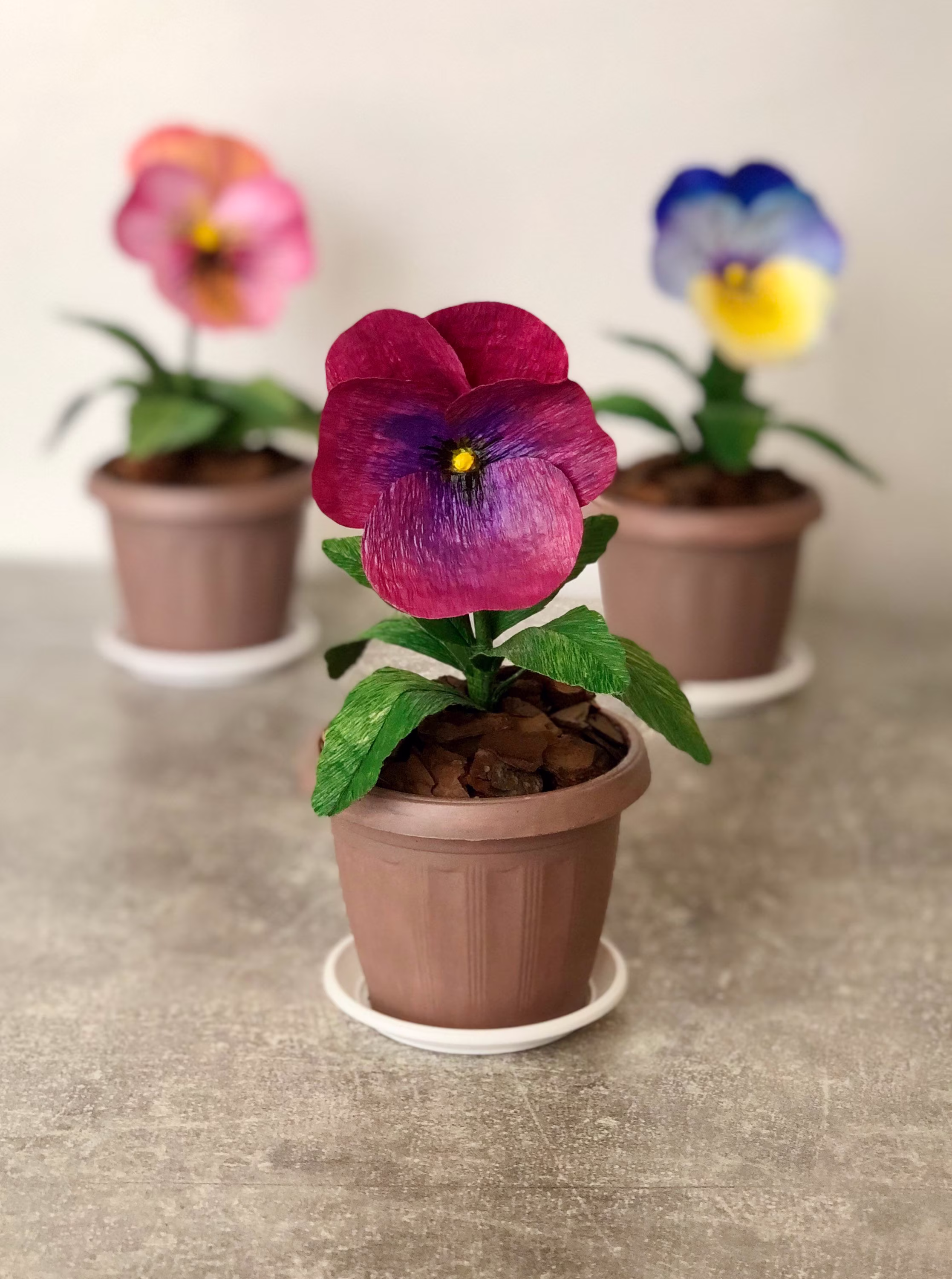 Crepe Paper Pansies Flower Pot/ Pansy Cute Planter/ Farmhouse Floral Arrangement/Table Arrangement For Home/White Planter