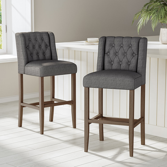 (Dark Grey) Rustic Set of 2 Bar Stools Linen Tufted with Wood Legs