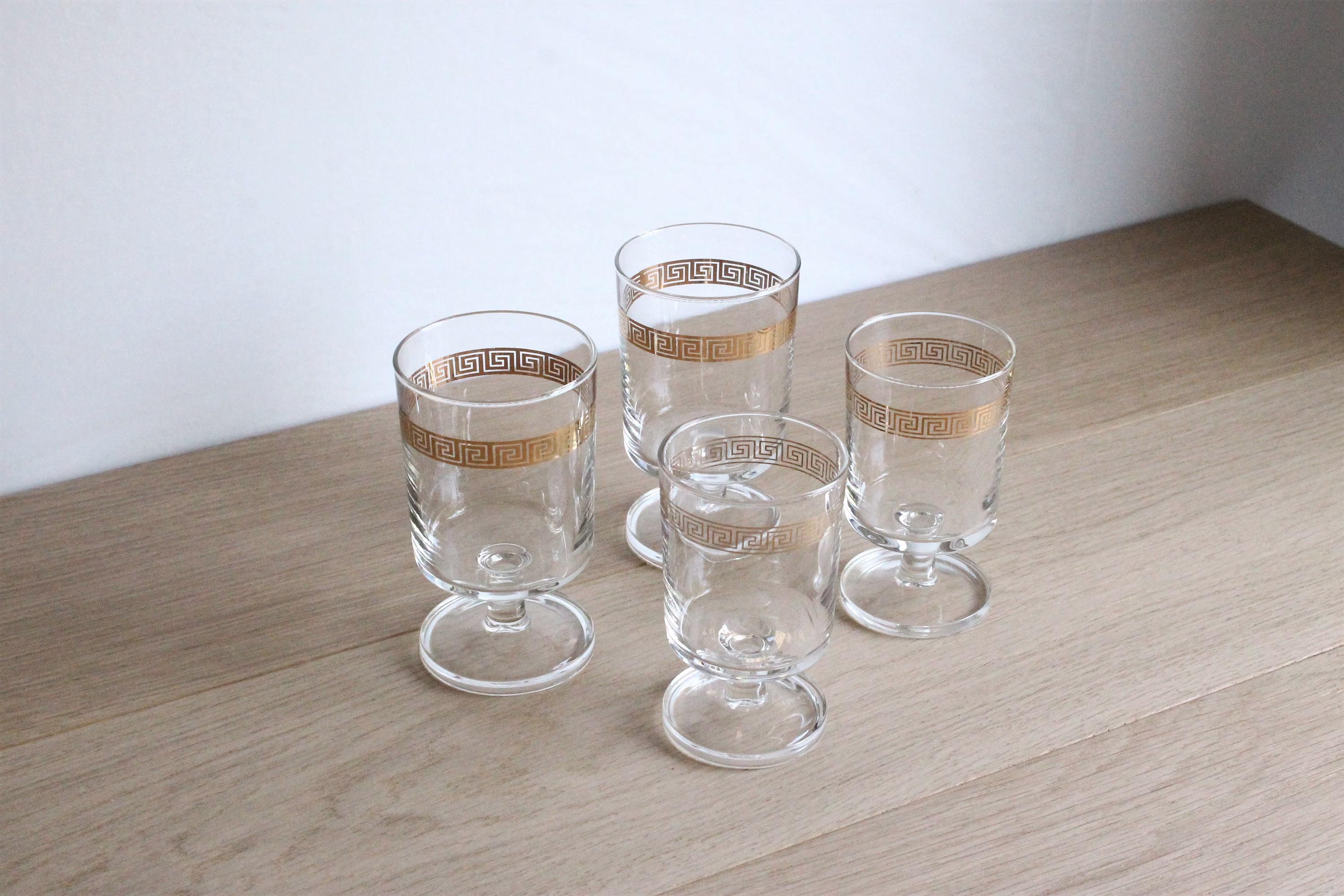 4 Mismatched 70S Luminarc Wine Glasses, Rare Cavalier Clear Glass With Gilt Trim