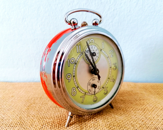 Mid Century Alarm Clock, Space Age Wind Up Atomic Era Retro Wake Vintage Red Clock