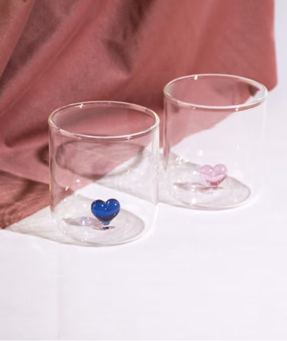 Set Of 2 | Cocktail Glass With 3D Glass Heart On The Bottom Steamless Wine Heart Bottom Water Hand-Blown
