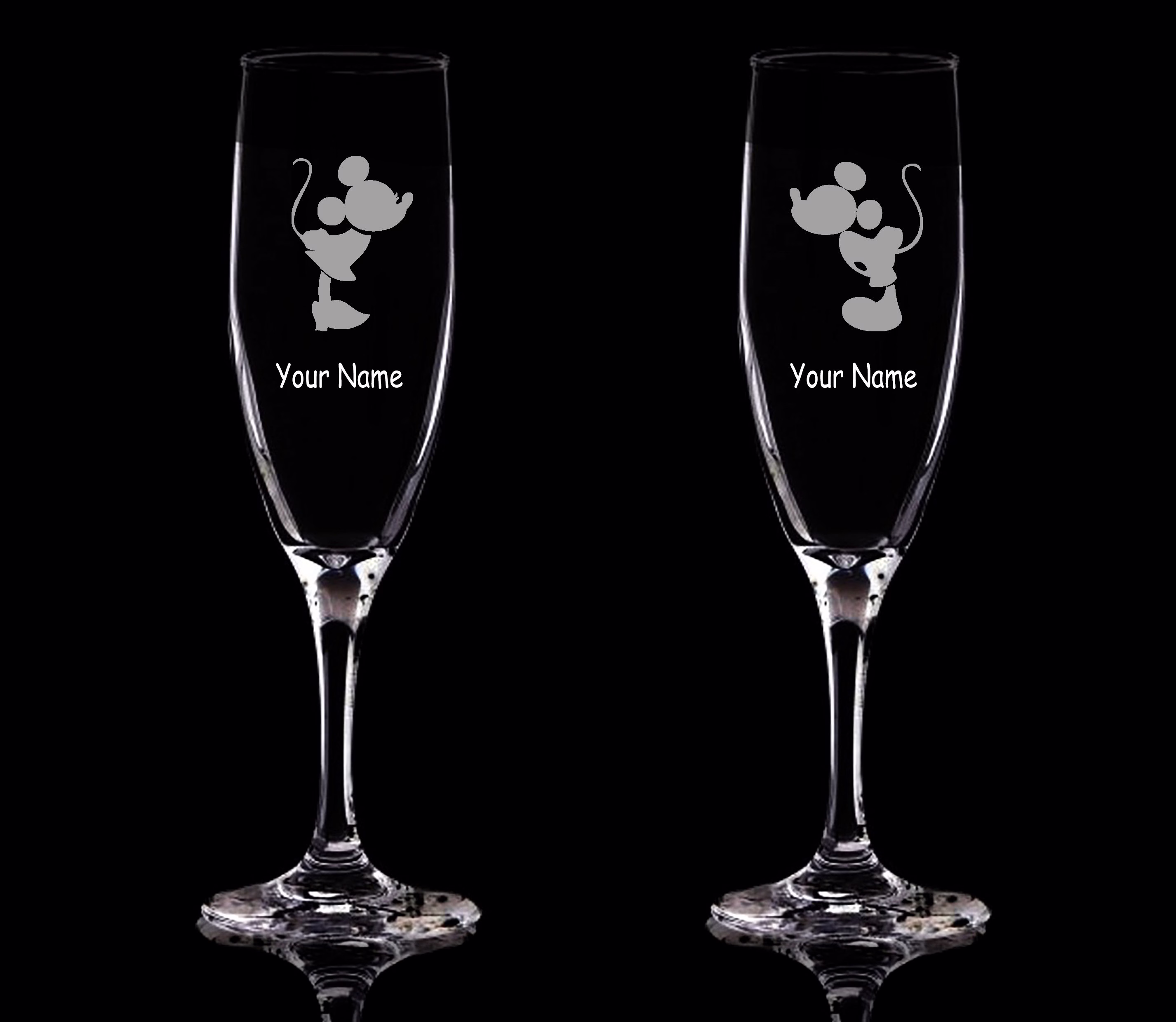 Mickey & Minnie Mouse Set Of 2 Personalised Flute Champagne Glasses. Hand Etched Glass Gift Bartender.85