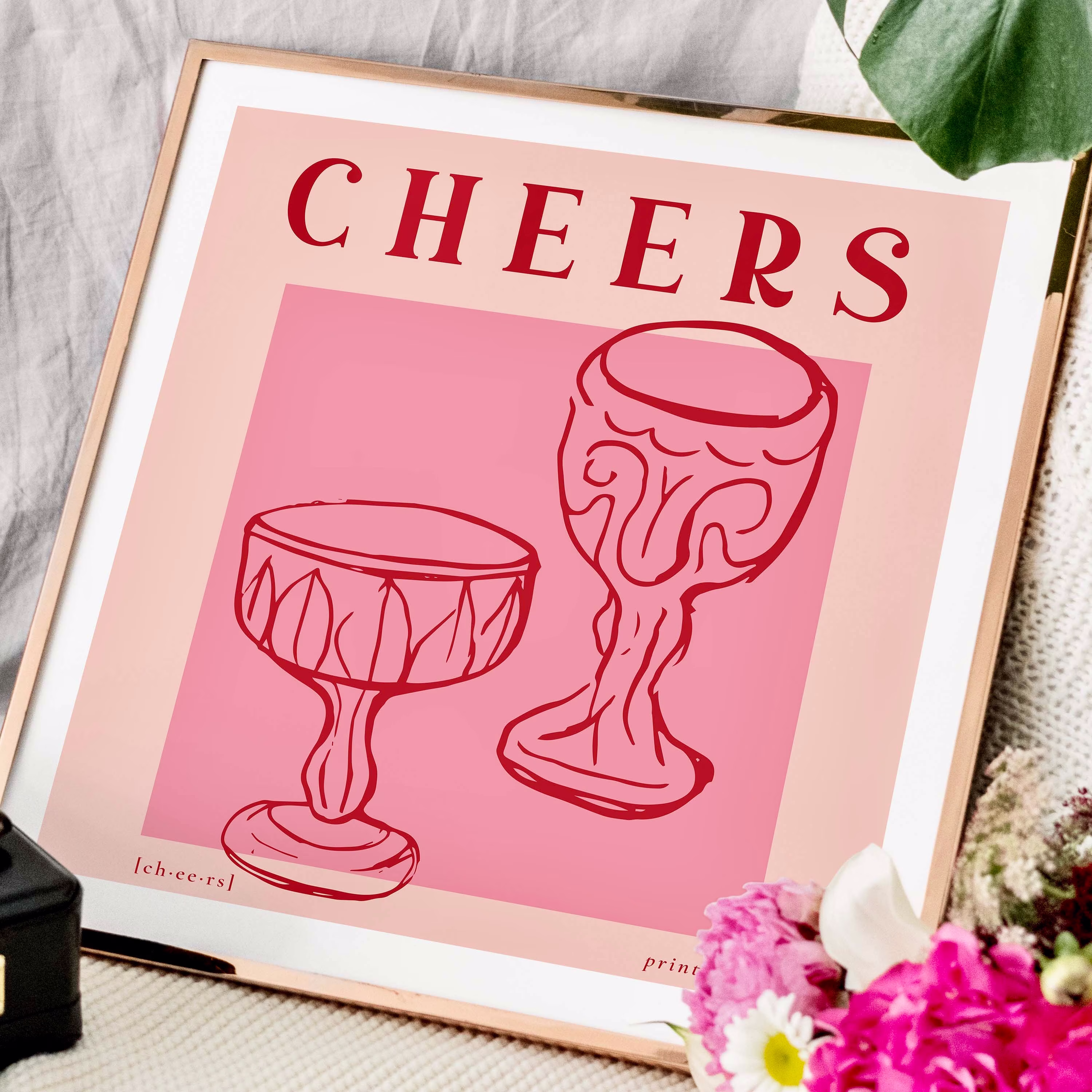 Cheers, Cocktail Art Print | Pink & Red Kitchen Wall Bar Cart Congratulations Gift