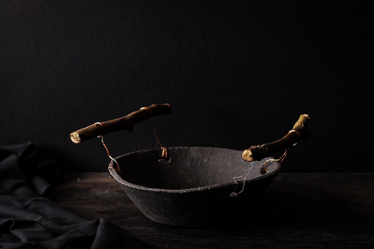 Matte Black Ceramic Bowl For Food Photography, Black Breadbasket Styling, Woodland Inspired Fruit With Branch Handles