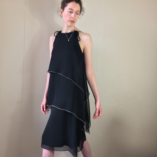 Vintage 70S Black & Silver Floaty Tiered Midi Dress. Size 8/10 UK