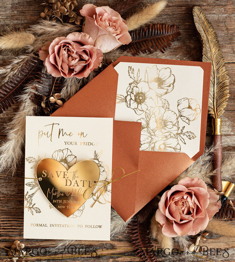 Terracotta Heart Gold Acrylic Save The Date Magnet Card Wedding Dates Plexi Magnets Boho Date Fall Wedding