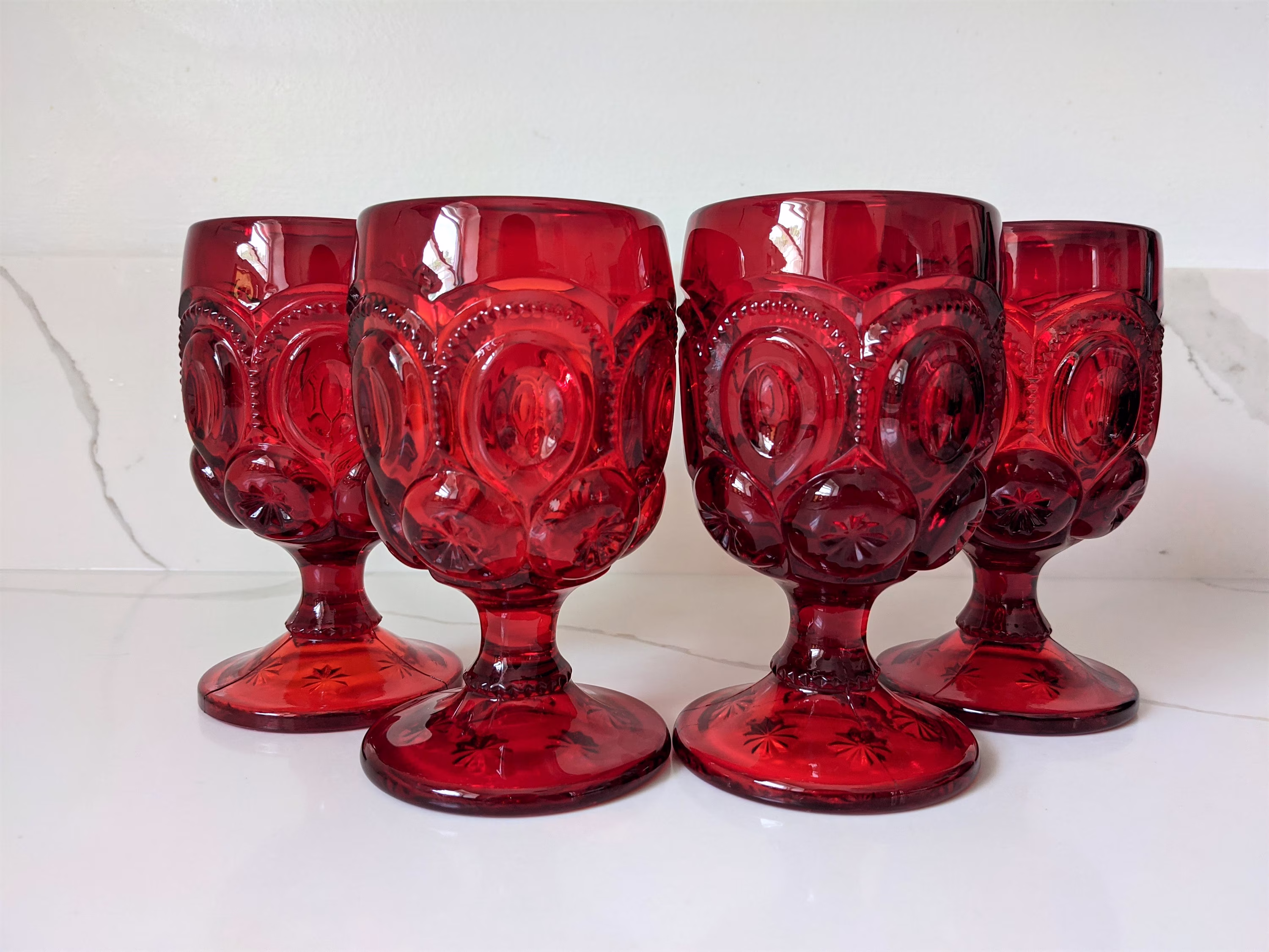Set Of Four L.e. Smith Moon & Stars Red Goblets/Vintage Wine Glasses Art Deco Glassware