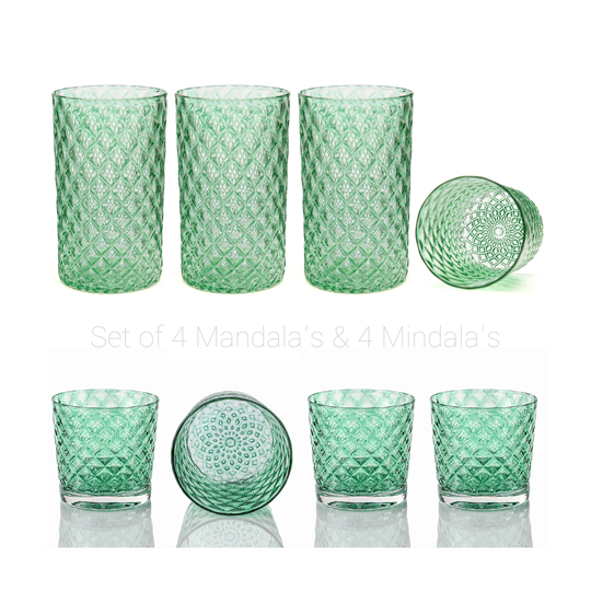 Spearmint Mindala & Mandala Glass Set Of 8 - Handblown Glassware | Blown Tumblers Colorful Drinkware Cocktail Glasses